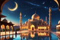 Crescent Moon Suspended Above an Ancient Mosque During Ramadan: Stars Twinkling in the Dusk Sky, Families Beginning the Evening