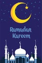 Crescent moon with white mosque for muslim community festival Eid Al Fitr Mubarak.