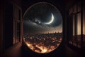 crescent moon window view on the city
