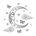 Crescent with moth and stars.Young Female face in the moon.Tattoo design, mystic magic symbol.Boho style. Hand drawing Royalty Free Stock Photo