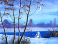 Crescent over the winter river. Watercolour sketch Royalty Free Stock Photo