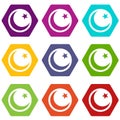 Crescent and star icon set color hexahedron