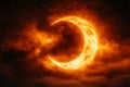 Partial solar eclipse illuminating orange clouds in a dark sky copy space wallpaper Royalty Free Stock Photo