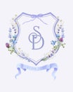 Painted wedding monogram SD initial. Watercolor crest levender flower frame Royalty Free Stock Photo