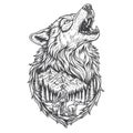 Wolf hunting black and white drawing design template Royalty Free Stock Photo