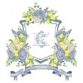 Crest with lemon blueberry hydrangea flower frame hand drawn template. painted wedding floral wreath. Vector Illustration