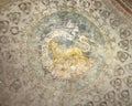 Crest with a lion painted on the ceiling vault of the Ring Room in the Fortress of Vignola, Italy. Royalty Free Stock Photo