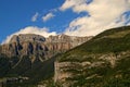 The crest of the Mondarruego in the Spanish Pyrenees seen from the Spanish town of Torla-Ordesa, Huesca, Spain. Royalty Free Stock Photo