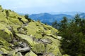 Crest of the mountain range with stone placers covered with green lichens and slopes with spruce forest in Carpathian Mountains at Royalty Free Stock Photo