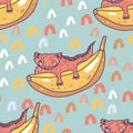 Crested gecko cute reptile lizard on banana seamless pattern Royalty Free Stock Photo