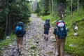 Crestone, Colorado - August 27 2015 - Men backpacking South Colony Trail in Sangre de Cristo Wilderness area