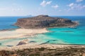 Crete coast, Balos bay, Greece. Amazing sand strand, sea of turquoise and blue colors with the ship. Popular touristic resort. Royalty Free Stock Photo