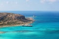Crete coast, Balos bay, Greece. The ship is going on the marvelous turquoise sea. Popular touristic resort. Summer scenic. Royalty Free Stock Photo