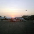 Crete, Greece: Arriving in the airport at Kreta, a Ryanair flight. Nice sunset in the background, golden light