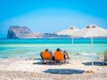 Crete, Greece: Balos lagoon paradisiacal view of beach and sea, one of the most tourist destinations on west of Crete.