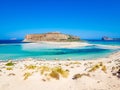 Crete, Greece: Balos lagoon paradisiacal view of beach and sea, one of the most tourist destinations on west of Crete.