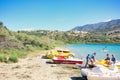 CRETE, GREECE - CIRCA SEPTEMBER, 2015: Pedal Boats on the beach of Lake Kournas, Crete Royalty Free Stock Photo