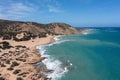 Crete, Greece, Gavdos island. Aerial drone view of beach, wild landscape, sea, blue sky, nature