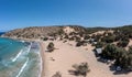 Crete, Greece, Gavdos island. Aerial drone view of sandy beach, wild landscape, ripple sea water