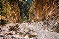 Tourists hike in Samaria Gorge in central Crete, Greece. The national park is a UNESCO Biosphere Rese