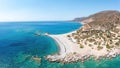 Crete island, Greece. Aerial drone panoramic view of beach at Palaiochora town, crystal clear sea