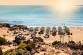 People relax and sunbathe on beautiful Falasarna beach on Crete Island, Greece