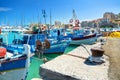 CRETE ISLAND, GREECE, SEP 12, 2012: View on beautiful classic old piscatory small sea boats ships, white yachts, Greek Heraklion s Royalty Free Stock Photo