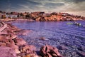Crete island  Greece: Wide angle shot of rocky beach with blue sea water with luxury swim water floats for kids and adults. Beach Royalty Free Stock Photo