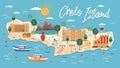 Crete island map with architecture illustration. Bay of Chania, Heraklion. Greece beach landscape