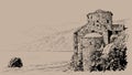 Crete Island, ruins of the fortress on the beach. Greece. Illustration.