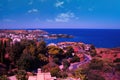 Crete or Kreta island Greece: Wide angle shot of a roads in Heraklion city in Crete island against blue mediterranean sea. Crete
