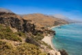 Crete\'s Coastal Gem: A Bird\'s-Eye View of Preveli Beach, Palm Grove, and Meandering Stream