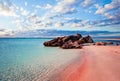 Crete skyline. Elafonissi beach with pink sand against blue sky with clouds on Crete, Greece Royalty Free Stock Photo