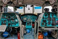 The crew cabin of the transport helicopter Mi-26T. The world`s largest and load-carrying helicopter parked at the airport in the
