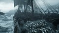 Crew Hauling in a Large Catch of Fish on a Ship in a Stormy Sea Royalty Free Stock Photo