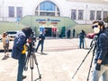 crew media with masks during pandemic