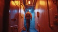 A crew member on an oil tanker makes their way through locked steel doors and reinforced security checkpoints to access Royalty Free Stock Photo