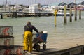 A crew member pushes a buggy along a floating pontoon at the harbour at Warsash in Hampshire as he helps unload a trawler