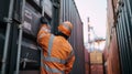 A crew member securing a container with the proper lashing and locking procedures following international standards to Royalty Free Stock Photo
