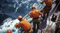 A crew of merchant marines work seamlessly together on the deck of a cargo ship displaying the utmost professionalism in