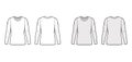 Crew neck jersey sweater technical fashion illustration with long sleeves, oversized body, tunic length.