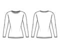 Crew neck Sweater technical fashion illustration with long sleeves, slim fit, hip length, knit rib trim. Flat jumper