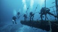 A crew of skilled divers performing intricate underwater construction and repair tasks exhibiting their expertise and