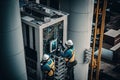 crew of technicians installing 5g antennas on tall building Royalty Free Stock Photo