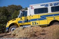 A crew transport truck from Ventura County Fire Department arrives at the scene of a brush fire