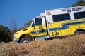 A crew transport truck from Ventura County Fire Department arrives at the scene of a brush fire