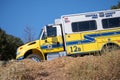 A crew transport truck from Ventura County Fire Department arrives at the scene of a brush fire