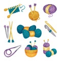 Crewel or Wool Balls and Knitting Needle or Knitting Pin as Needlework Vector Set