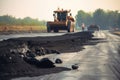 crewmember, repairing cracked and broken road surface with tar and gravel Royalty Free Stock Photo