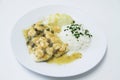 Fish fillet Sole with shrimp sauce rice potato cream recipe Sao Paulo Brazil Royalty Free Stock Photo